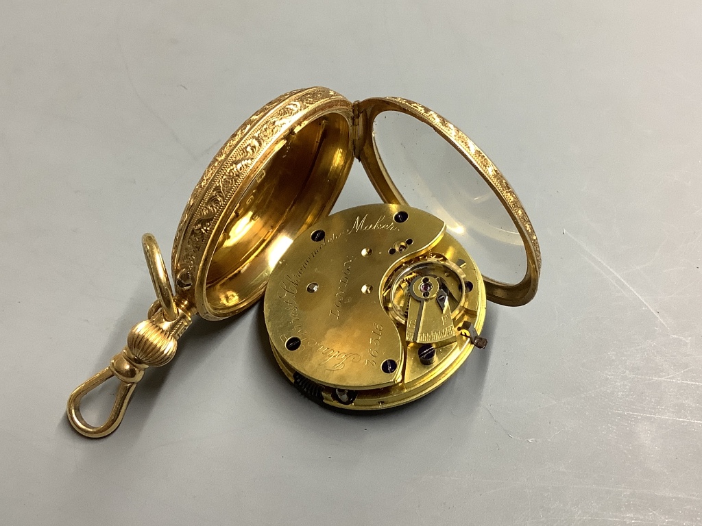 A 19th century engraved 18ct gold open face pocket watch, with Roman dial